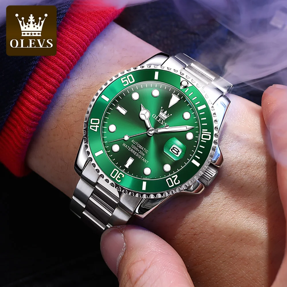 OLEVS-reloj mecánico totalmente automático para hombre, pulsera de marca de lujo con esfera verde, correa de acero inoxidable, resistente al agua,