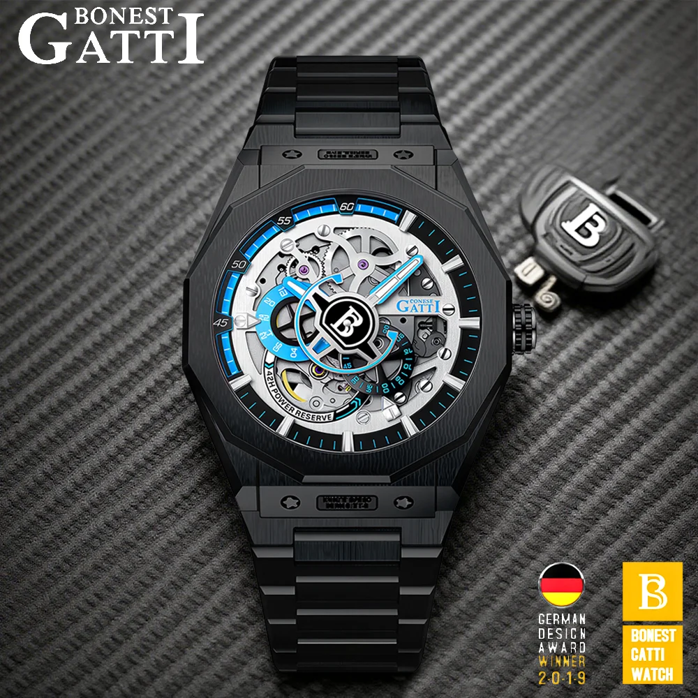 BONEST GATTI BG-7610S Men's Racing Chronograph Auto Mechanical Watch Skeleton Sapphire Luminous Steel Strap 5ATM German Crafted