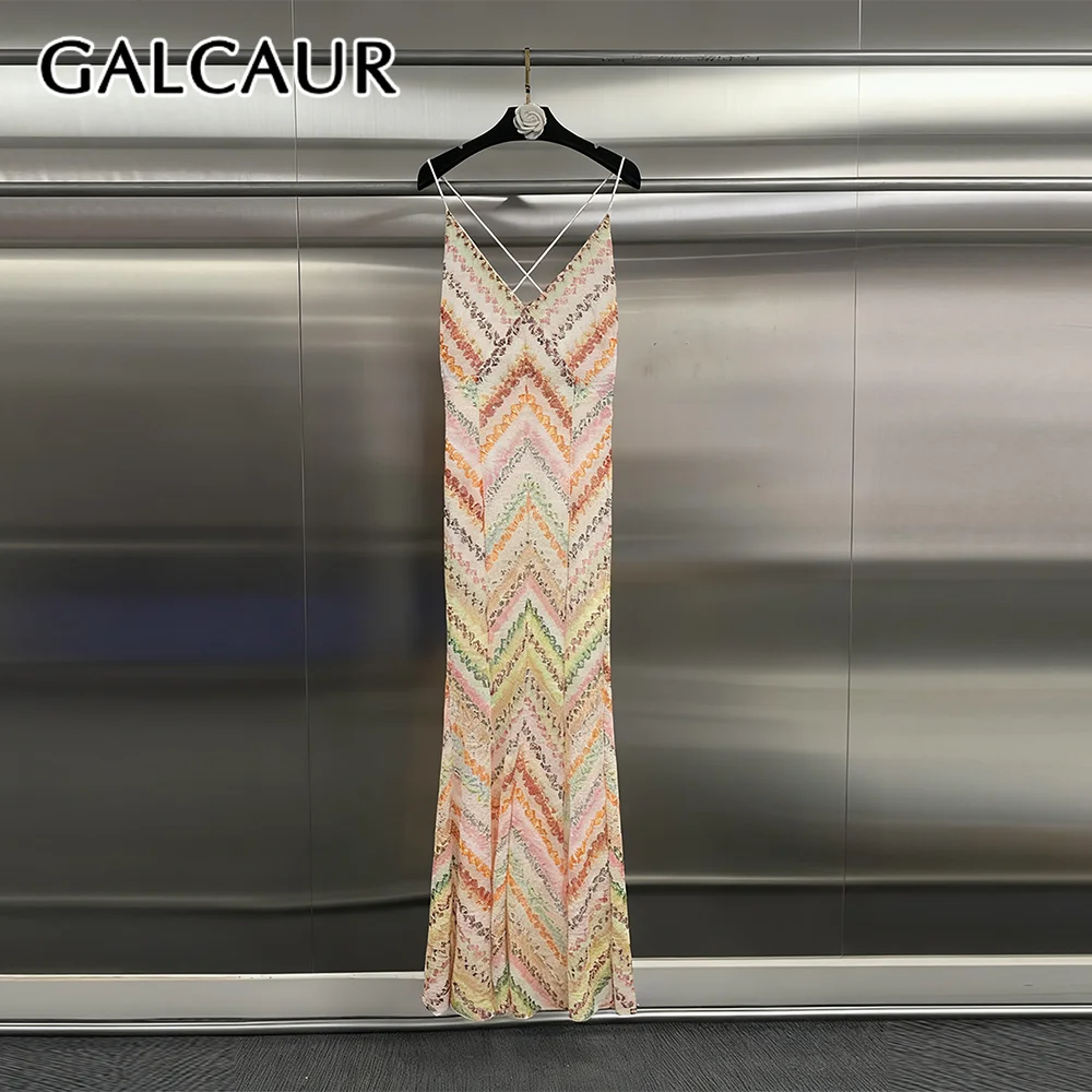 GALCAUR Colorblock Slimming Spliced Stripe Dress for Women V Neck Sleeveless Patchwrok Zipper Backless Dresses Female Fashion