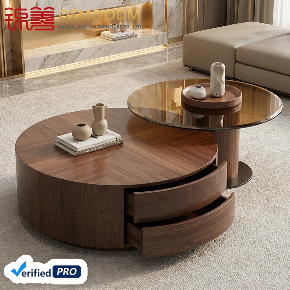Modern Luxury Round Low Glass Coffee Table Set Unique Multifunction Home Furniture With Drawers For Living Room