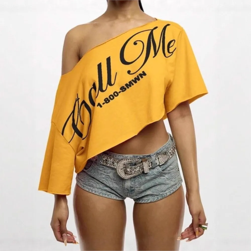 

2026 Summer Street Style Blusas T Shirt Tees Top For Woman Hot Girl All-match Loose Off Shoulder Slant Collar Trendy Letter Chic