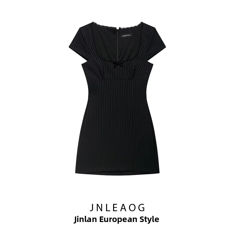 JNLEAOG Autumn New Women's Fashion Stripe  Knot  Dress Versatile Polyester Short Sleeve Slim Fit Casual Dress