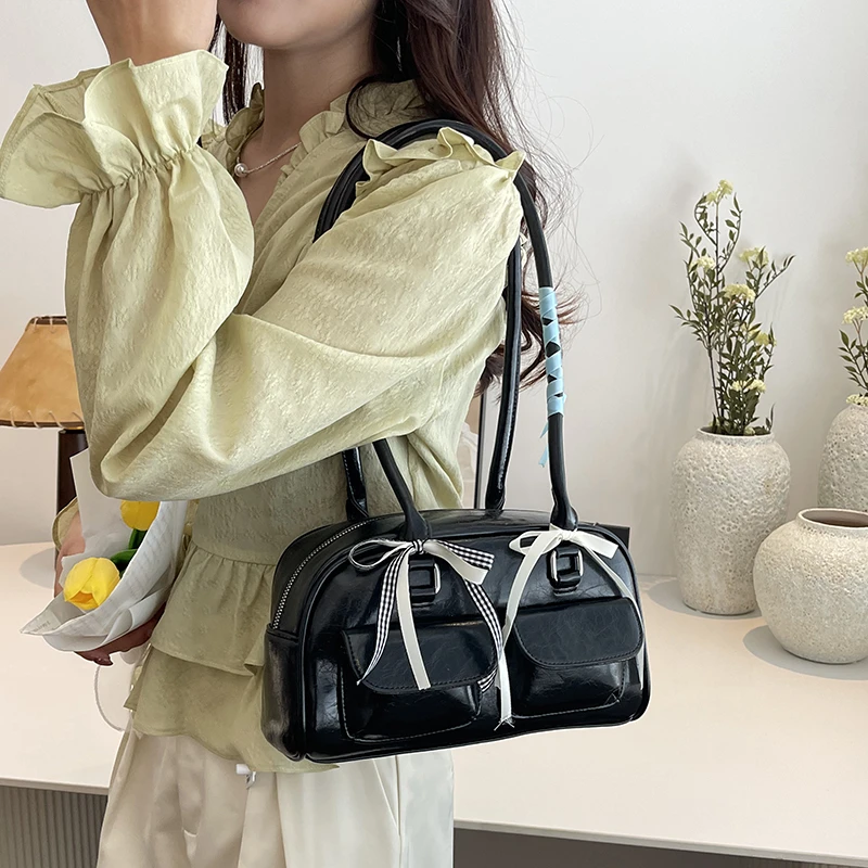 Small Double Pockets Shoulder Bags For Women 2024 Spring New Fashion Trend Designer Ribbon Underarm Bag Females Handbags