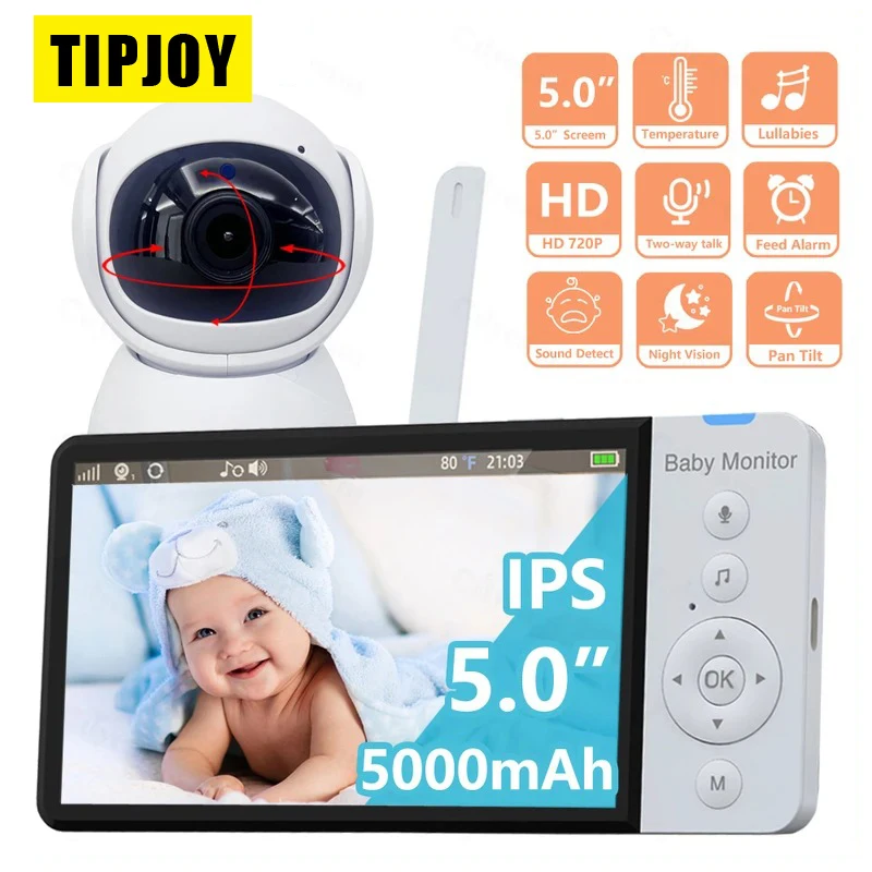 5.0 Inch HD 720P IPS Screen Wireless Video Baby Monitor With PTZ Camera Night Vision 2-Way Audio VOX Lullaby Camera Babysitter