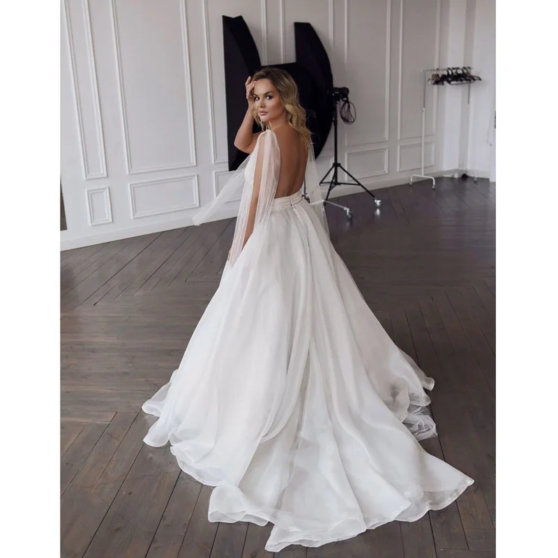 Customized V-Neck Women Wedding Dresses Robe De Mariee Romantic Long Cape Shoulder Tulle Simple Cheap Design Formal Bridal Gowns