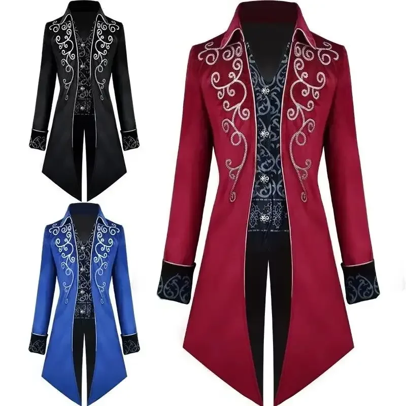 

New Men's Medieval Court Halloween Costume Silver Trimmed Tuxedo Stage Performance Outfit Adult Size