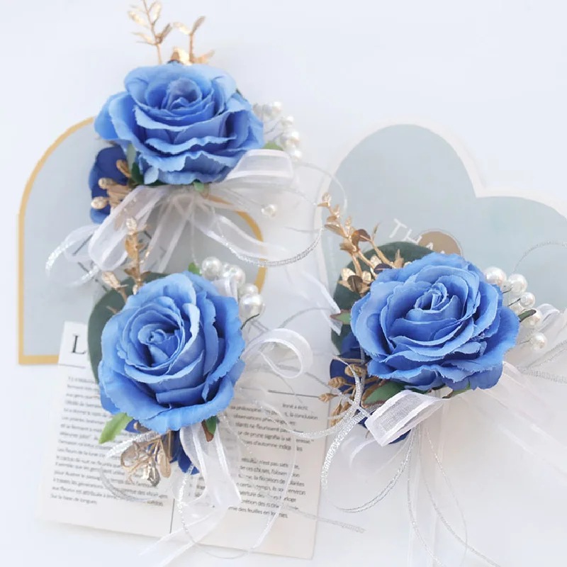 Boutonniere และข้อมือ corsag สไตล์ตะวันตกแขกที่มาร่วมงานเลี้ยงสร้อยข้อมือหน้าอกดอกไม้อุปกรณ์ตกแต่งสีฟ้า198