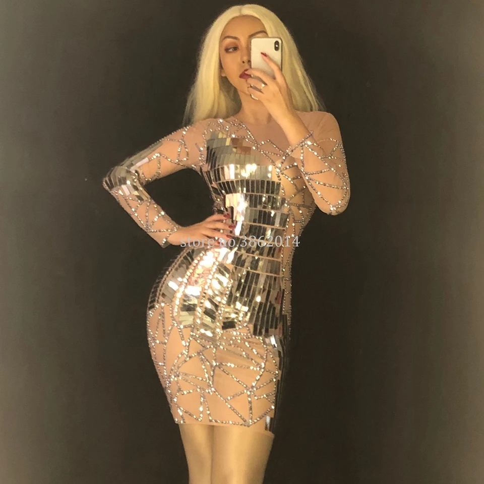Seksowne świecące cyrkonie srebrne lustra sukienka siatkowa prześwitująca sukienka damska impreza urodzinowa świętuj sukienka kostium taneczny dla piosenkarza