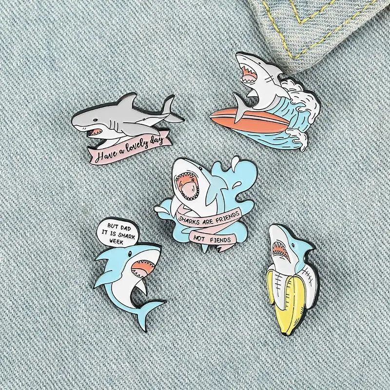 Shark are Friends Enamel Pin Custom Shark Week Banana Surfing Brooches Bag Lapel Pin Fun Animal Badge Cute Jewelry Gift for Kids