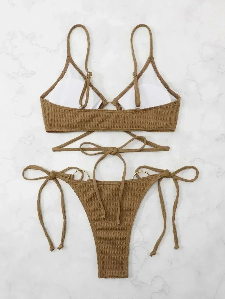 2025 New Bikini Women's Swimsuit Summer Sexy Seaside Vacation Spa Swim Pure Color Halter backless Swimwear Beach party Girl