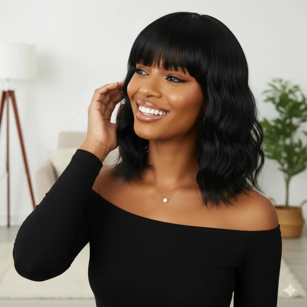 

Короткий волнистый парик-каре с челкой для женщин, длиной до плеч, из мягкого черного синтетического термостойкого волокна, для повседневного использования и вечеринок