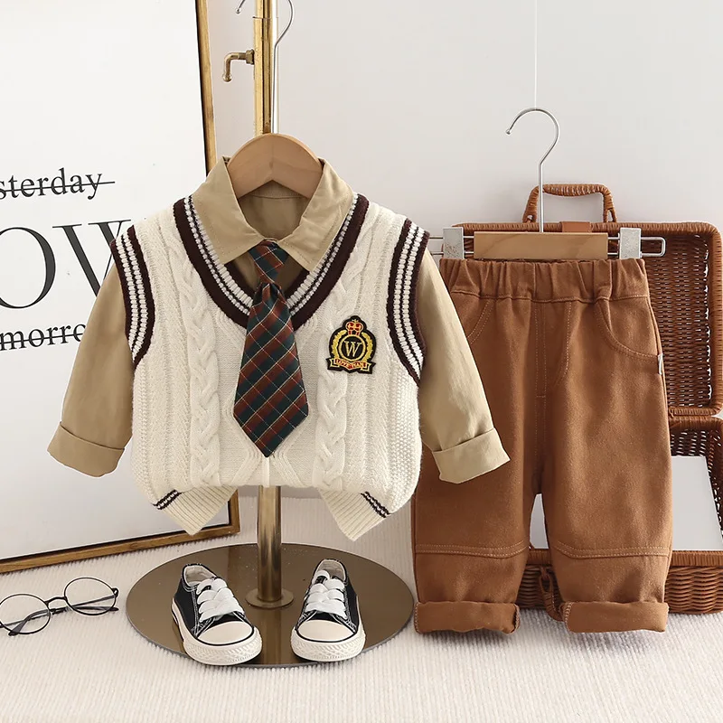 Autumn Preppy Style Kid Boys 3PCS Clothes Set Cotton Tie Collar Shirts Knitted Sticker Vest Solid Pants Suit Toddler Boys Outfit