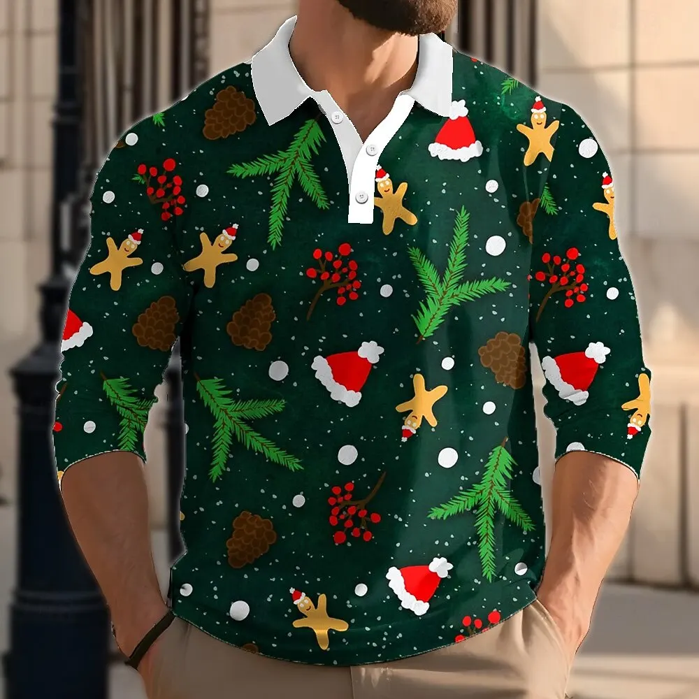 

3D Print Christmas Element Long Sleeve Polo Shirt Fashion Casual Autumn Winter Clothes Creative Design Button Lapel Pullover Top