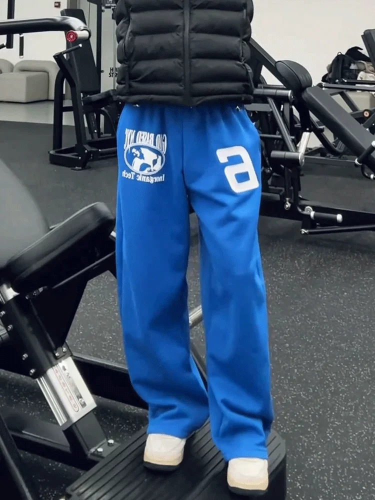 

Blue American Hiphop Sport Pants Men's Autumn Winter Trendy Brand Haome High-End Loose Drapey Wide Leg Pants