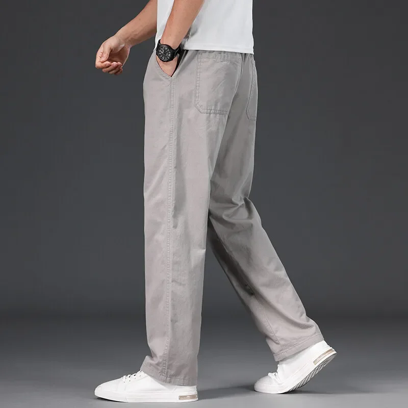 Men's Work Pants Made of Pure Cotton, Loose Fitting Straight Leg, Oversized Casual Pants with Elastic Waistband, Sports Pants