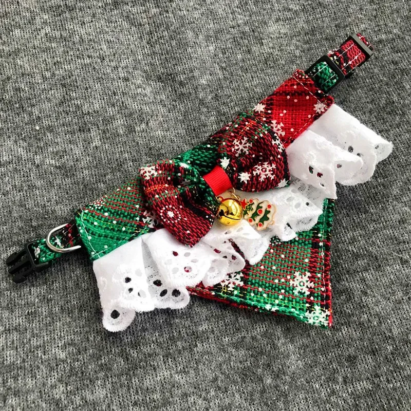 Christmas Pet Bow Bib Collar Scarf Plaid Bow Lace Saliva Towel with Bell Pendant for Dog Cat Collar Necklace Grooming Accessory