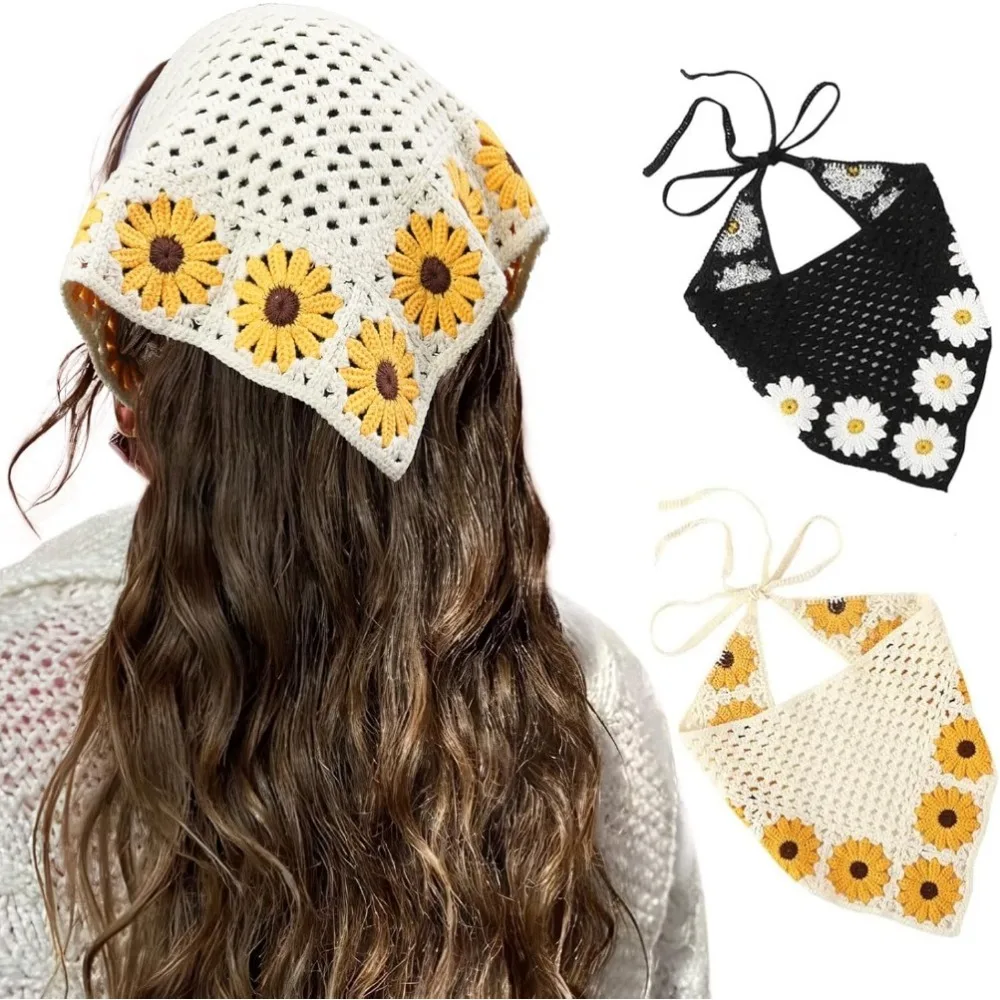 

Floral Crochet Hair Bandanas Headscarf 2 PCS Women Hair Scarf Daisy Headband Vintage Head Kerchief for Girls
