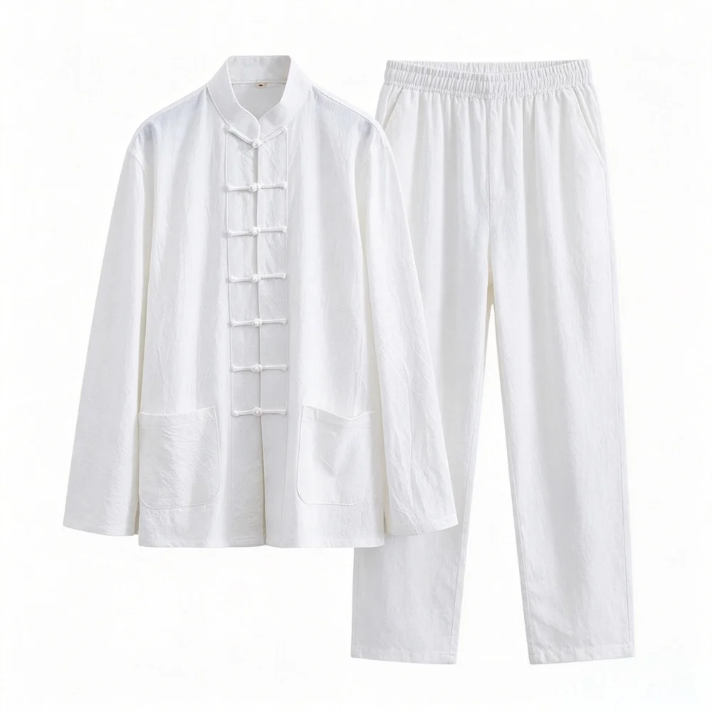 Men Cotton Linen Tang Suit Set Long Sleeve Mandarin Collar Frog Button Shirt Loose Pants Traditional Chinese Tai Chi Kung Fu Cas