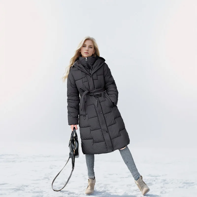Damska zimowa parka z paskiem, jednolity kolor, patchworkowy kołnierz stójkowy, taliowana, płaszcz damski, płaszcz modelujący sylwetkę dla kobiet.