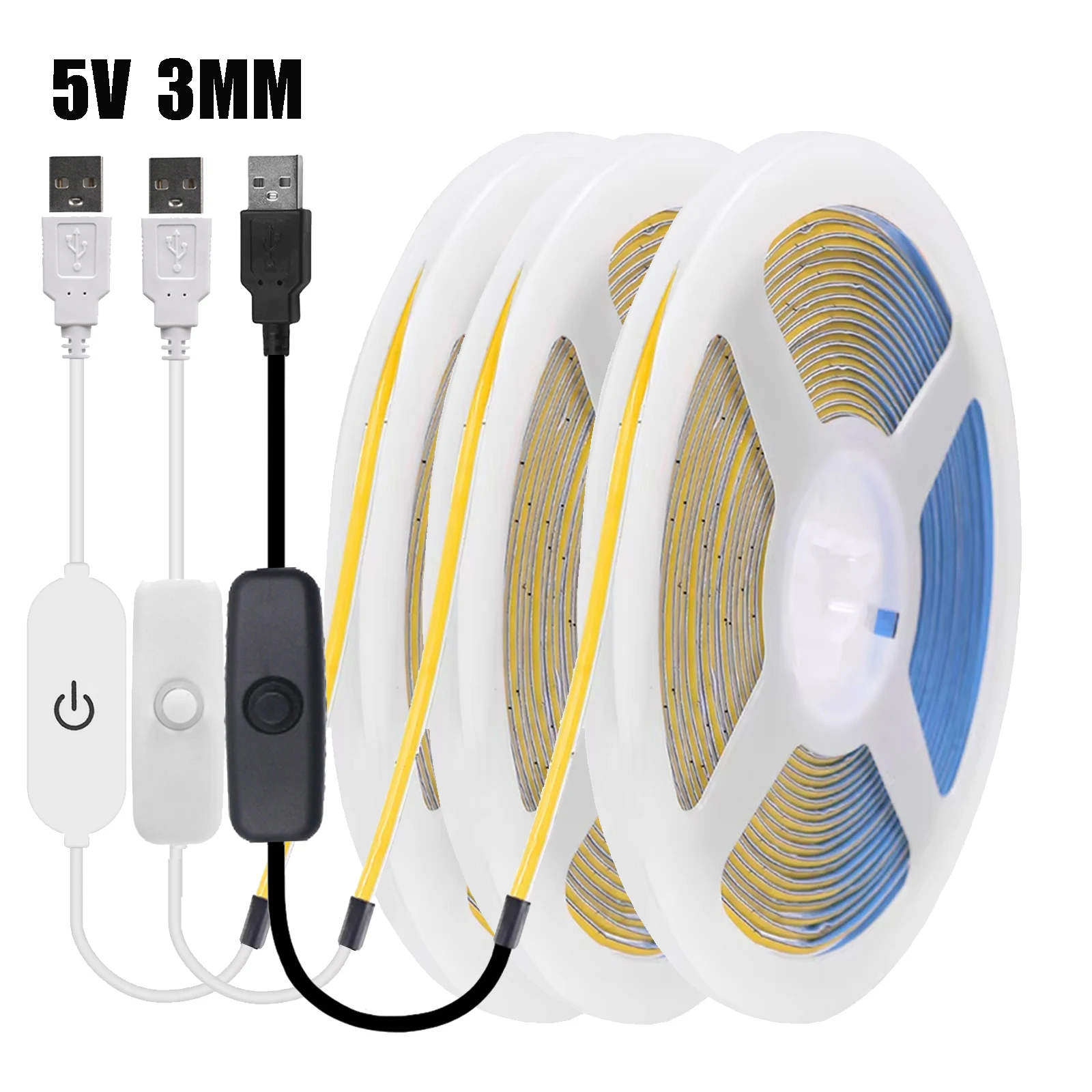 

5V USB COB LED Strip Light 3mm Width Flexible LED Tape with Dimmer/ON OFF Switch 320LEDs High Density Linear Lighting for Decor