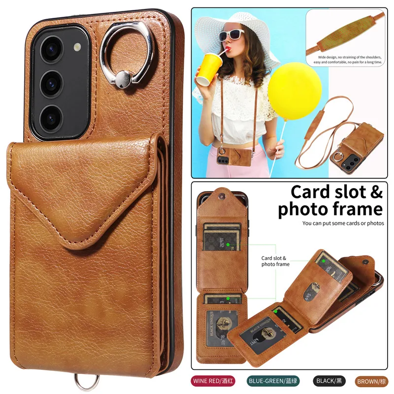 

Crossbody,Lanyard,Ring,Leather Wallet Card Phone Case, For Samsung Galaxy,S24 Ultra,S23 Plus,S22,S21 FE,Flip Purse Holder Cover