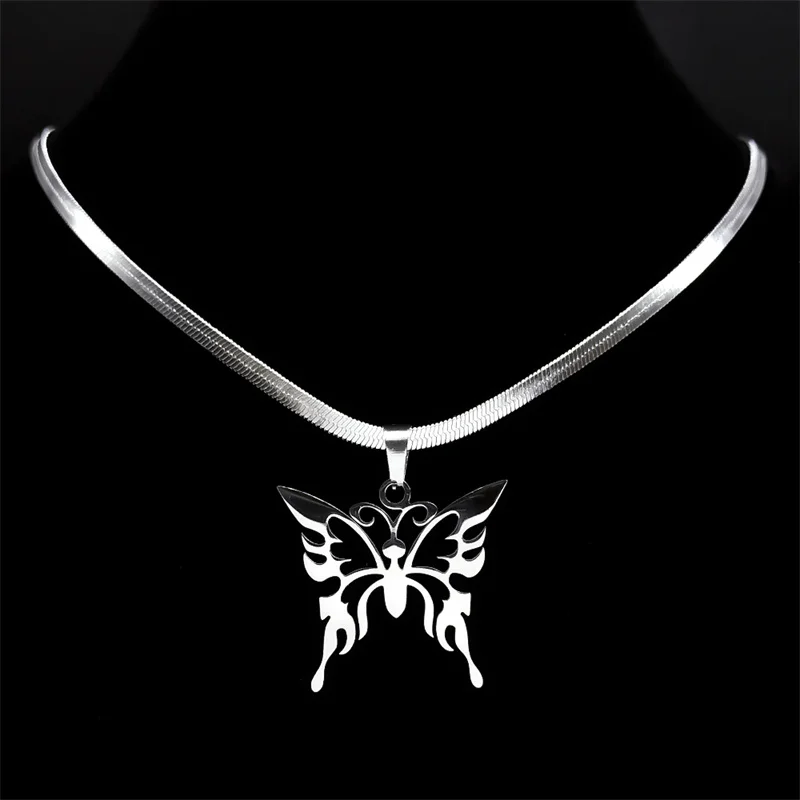 Butterfly Stainless Steel Hollow Choker Necklace for Women Silver Color Clavicle Snake Blade Chain Necklaces Jewelry N3343S05