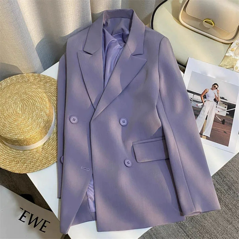 Casual Women's Blazer for Spring 2026 New Fashion Double-Breasted Purple Blazers Jacket Woman with Design Flair Suit Outwear
