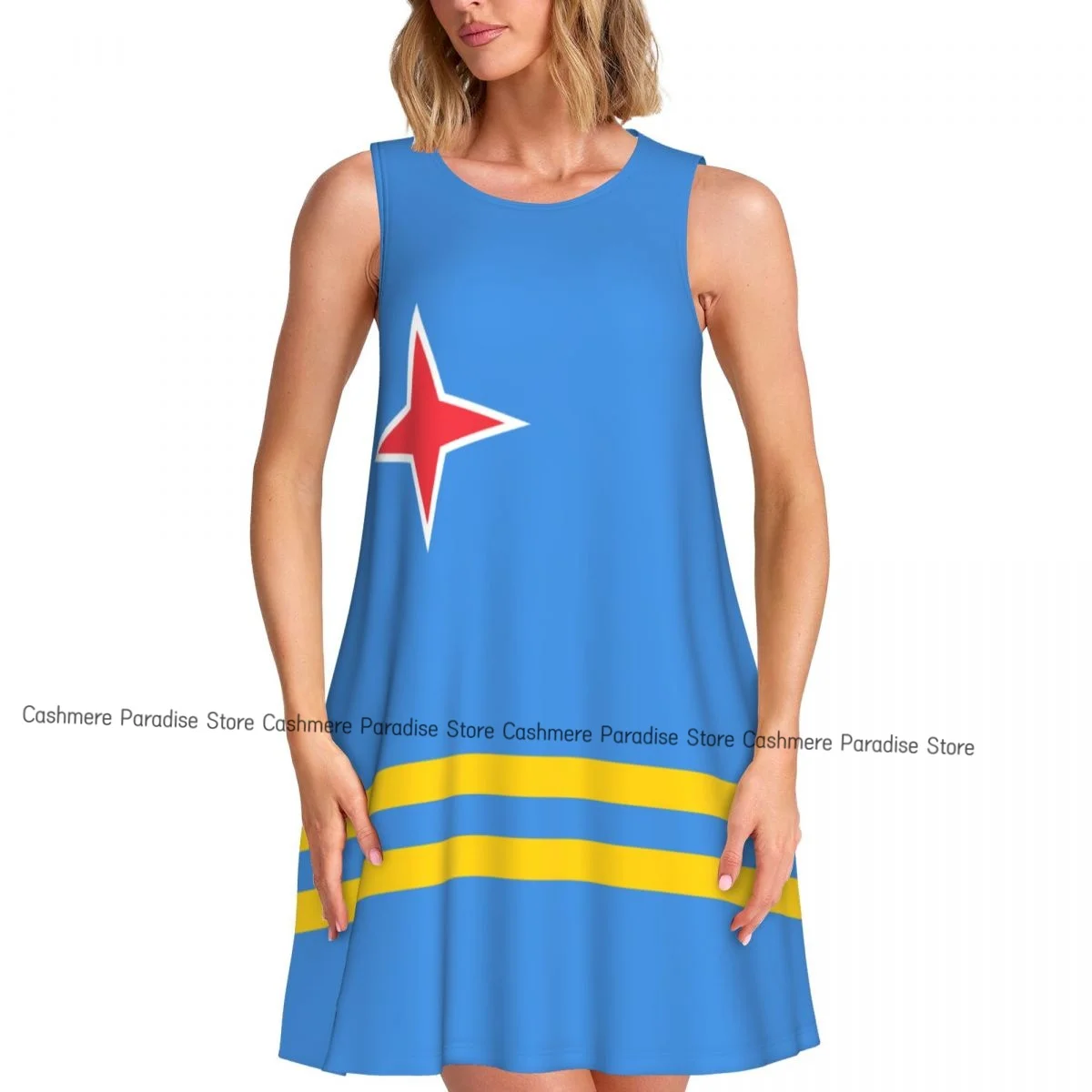 فستان نسائي علم أروبا صيفي كاجوال فساتين تي شيرت لتغطية الشاطئ فستان بدون أكمام #3