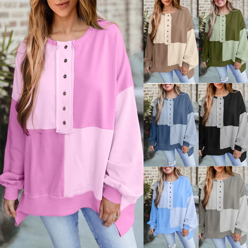 

Women Casual Hoodies Sweatshirts Color Block Patchwork Button Turn Down Collar Long Sleeves Loose Fit Street Wear 2025 Autumn