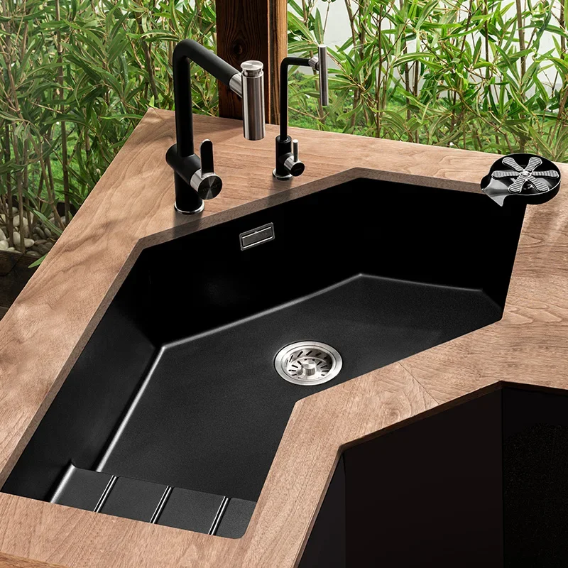 The product can be customized. Corner Diamond Sink Quartz Stone Large Single Slot Kitchen