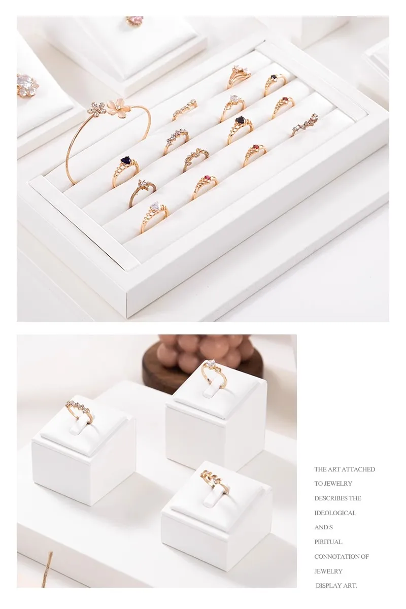 Window Jewelry Ring Holder Stand Show Counter Cabinet Display Tray Insert Jewellery Ring Storage White Leather Presentation Rack