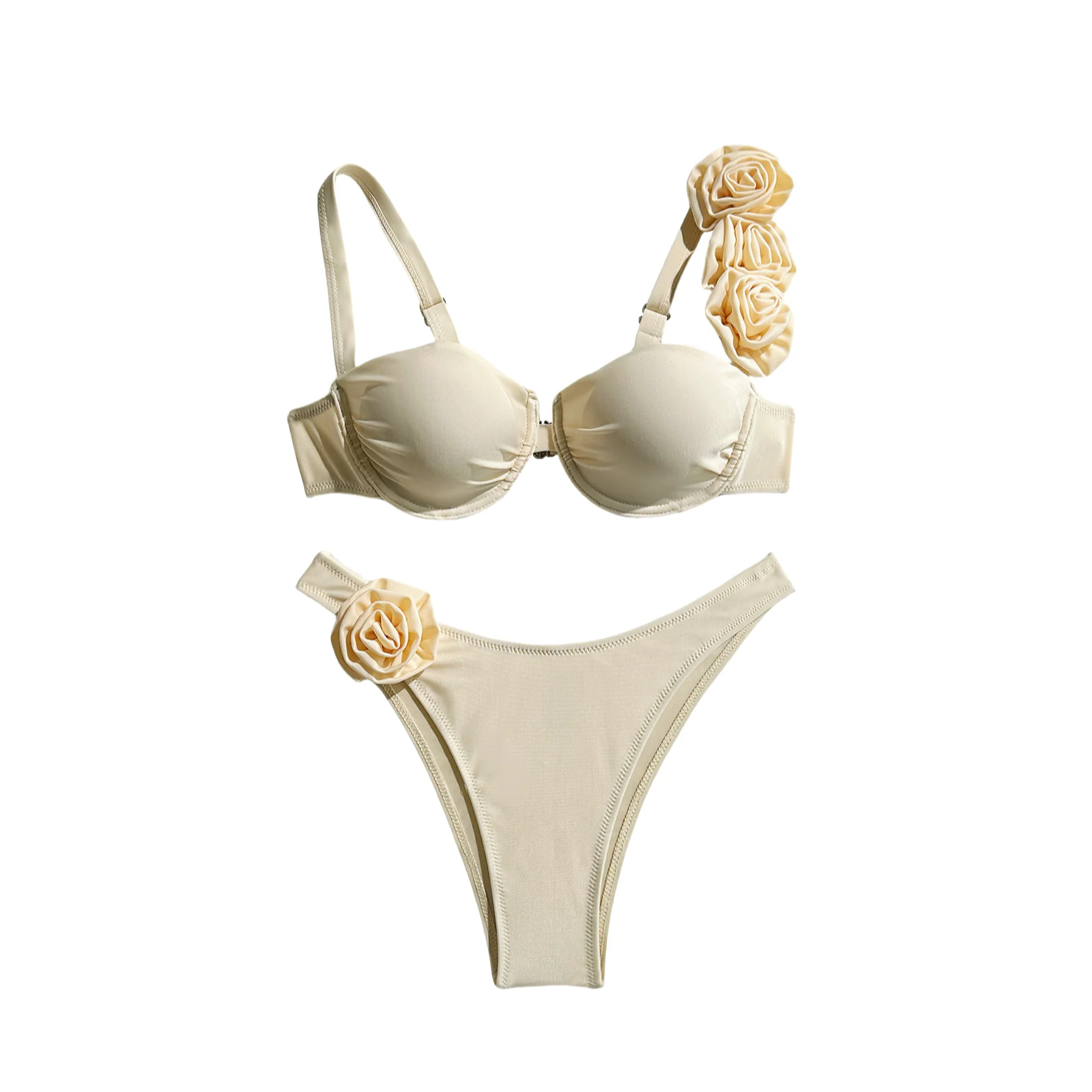 

Elegant Beige Sexy Bikini Set High Quality 3D Rose Flower Design Women's Swimsuit Solid Swimwear Two Piece Women Bathing Suit