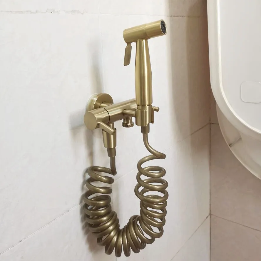 

Brass Bathroom two way out Toilet Bidet Tap Kit. Brushed Gold Wall Mounted Bidet Sprayer Shower With two way Shut-Off Valve