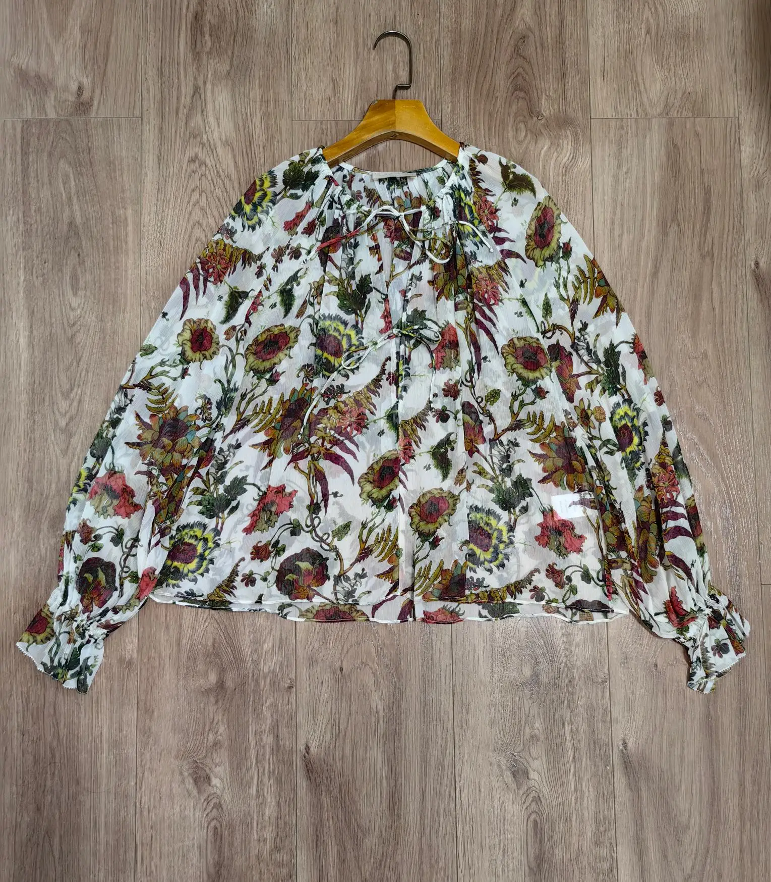 Women Shirt Round Neck Floral Printed 100% Silk Long Sleeve Casual Blouse