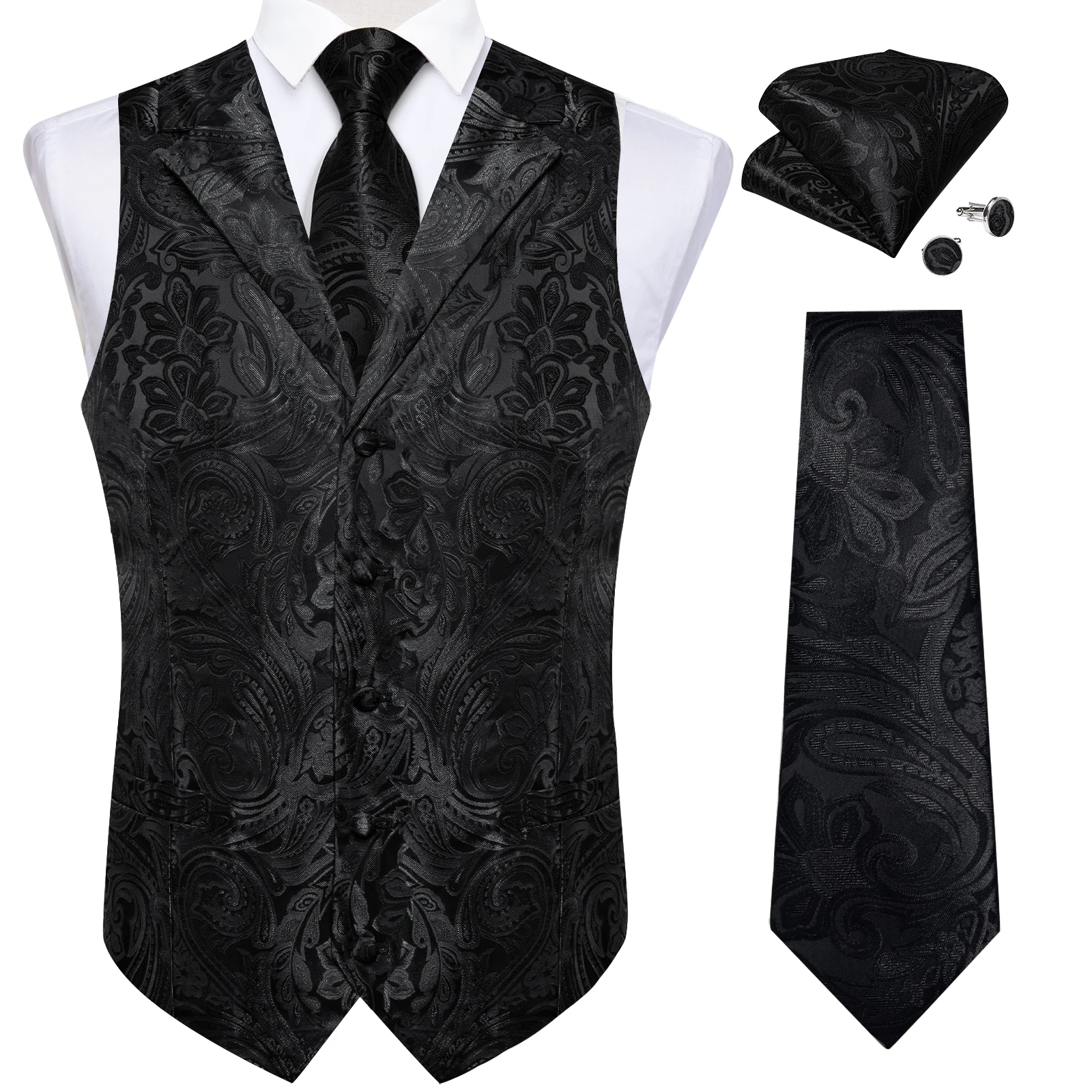 Men\'s Suit Vest Neck Tie Set Black Paisley Silk Waistcoat for Wedding Party Tuxedo Suits Luxury Sleeveless Jacket DiBanGu