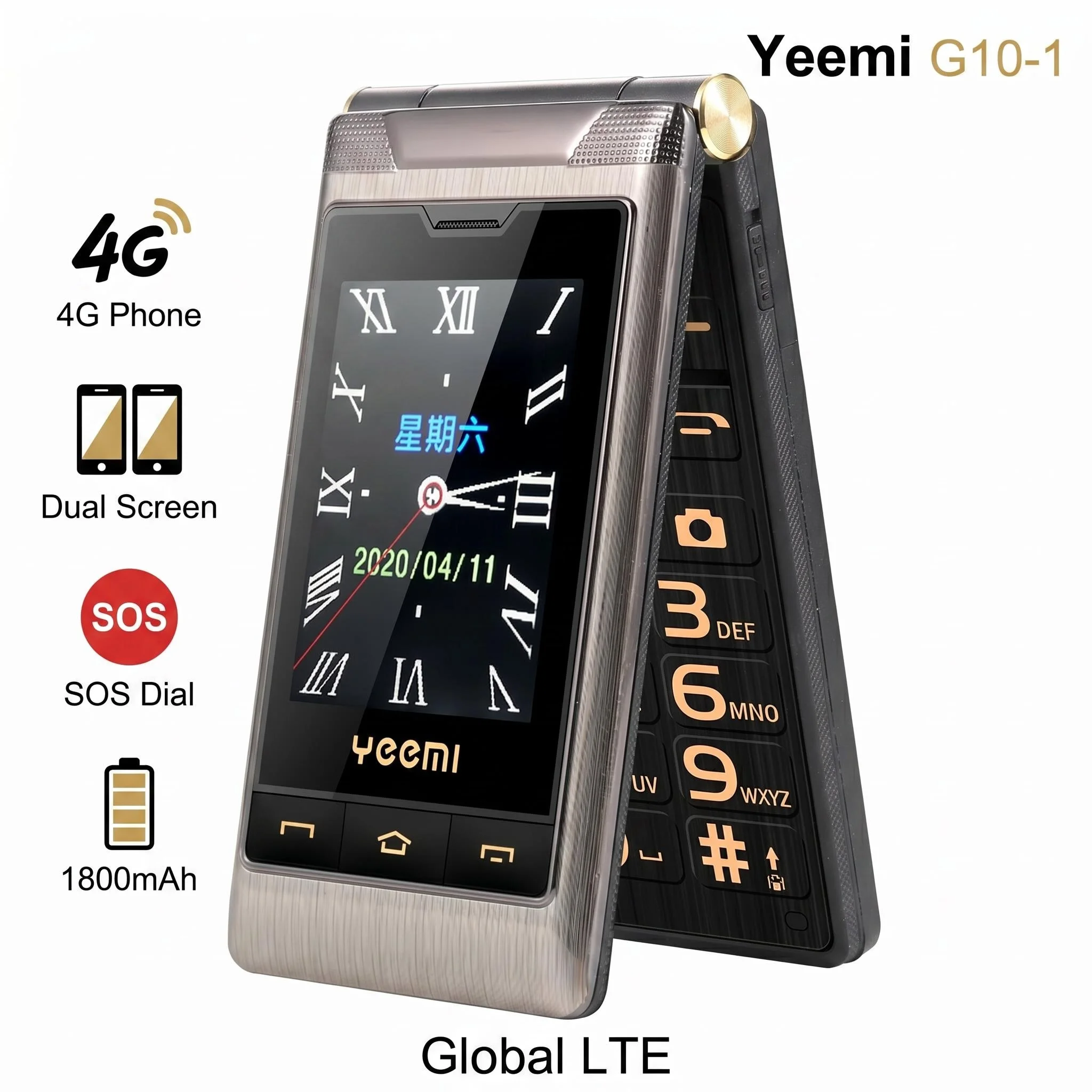 YEEMI G10-1 LTE 4G Flip Mobile Phone 2.8'' Screen Dual SIM Card FM Mp3 Mp4 Bluetooth Big Keyboard 1800mAh Torch CellPhone SOS