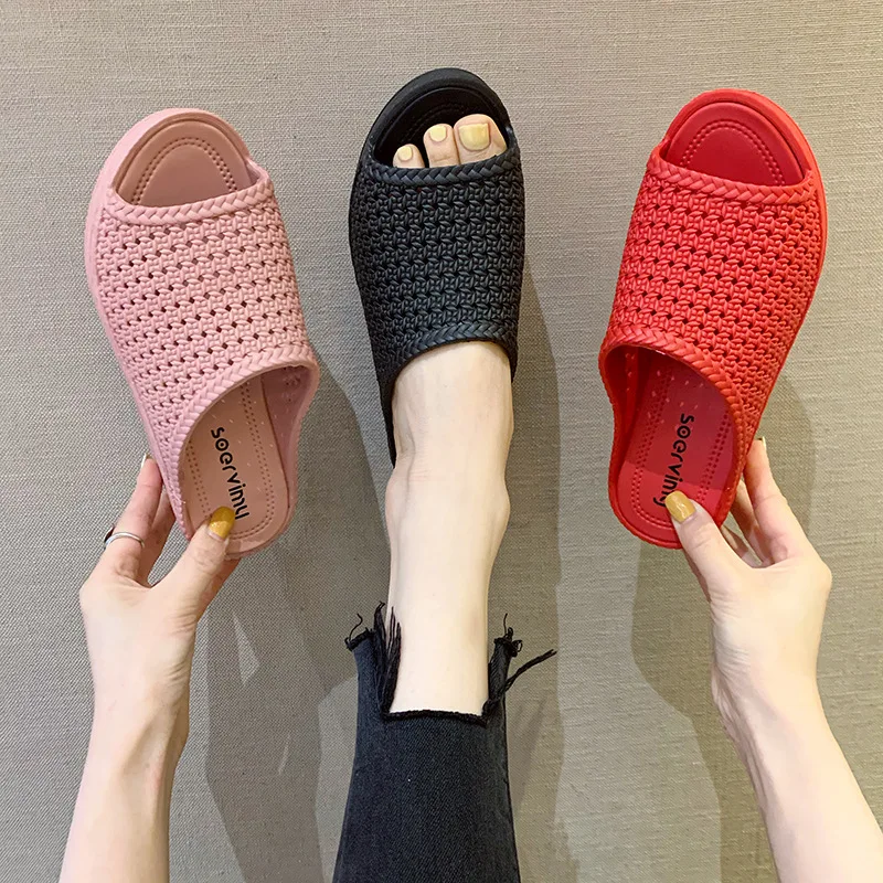 2024 Women Shoes Summer New Slippers Fashion Retro Wedge Platform Beach Shoes Female Peep High Heels Sandalias Mules