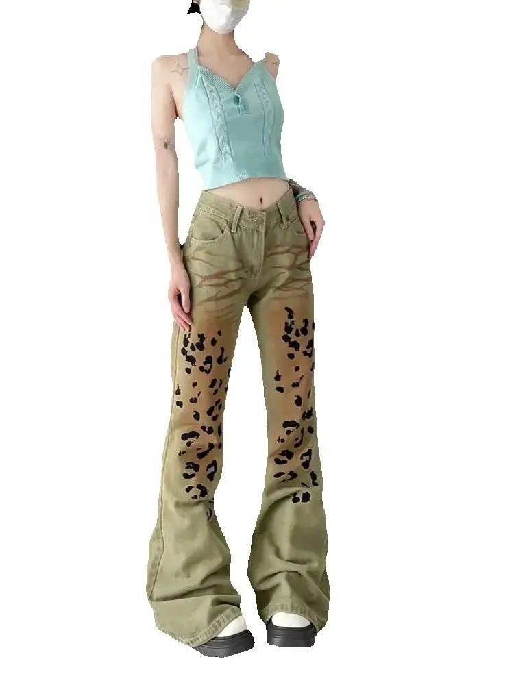 Mode Slanke Hoge Taille Vrouw Jeans Casual Gedragen Luipaard Patroon Rechte Broek Vrouwelijke Chic Y2k Amerikaanse High Street Vrouwen Jeans