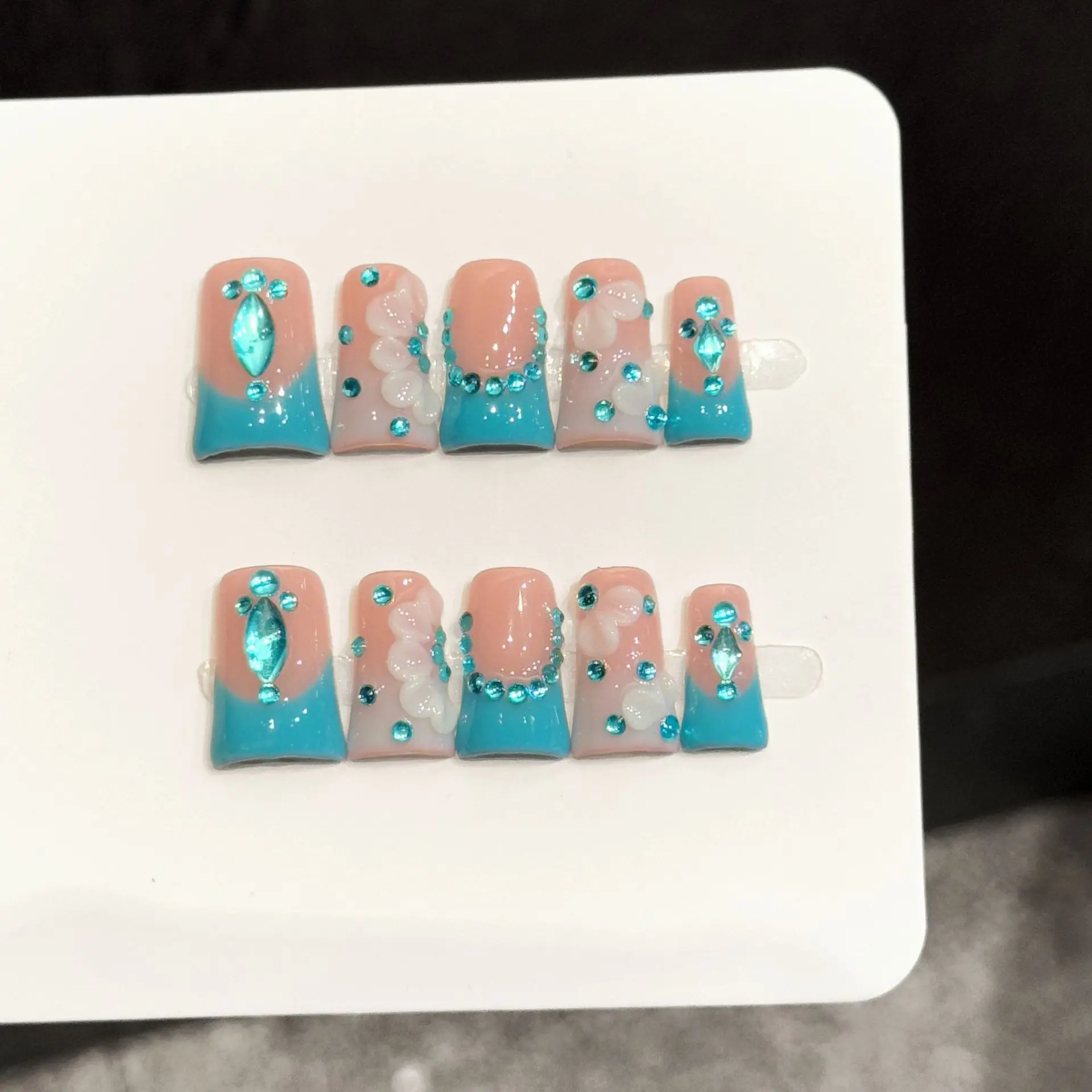 

10pcs Lake Blue French Handmade Nails 3D White Flower with Diamonds Press on Nail Duckbill Fake Nail for Women&Girl False Nail