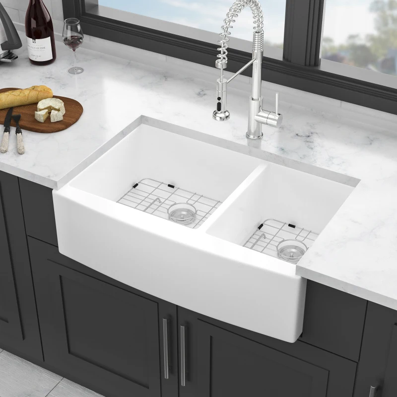 

White Farmhouse Sink 33 X 21 X 10 Inch White Ceramic Porcelain Double Bowl 60/40 Farm Kitchen Sink