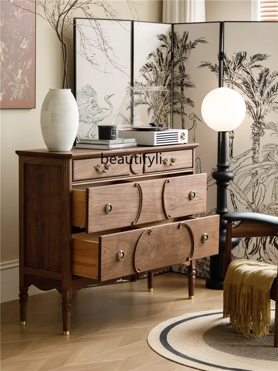 

French Vintage Style North America Black Walnut Bedroom Chest of Drawers Tailstock Storage Cabinet Antique Style Side Cabinet