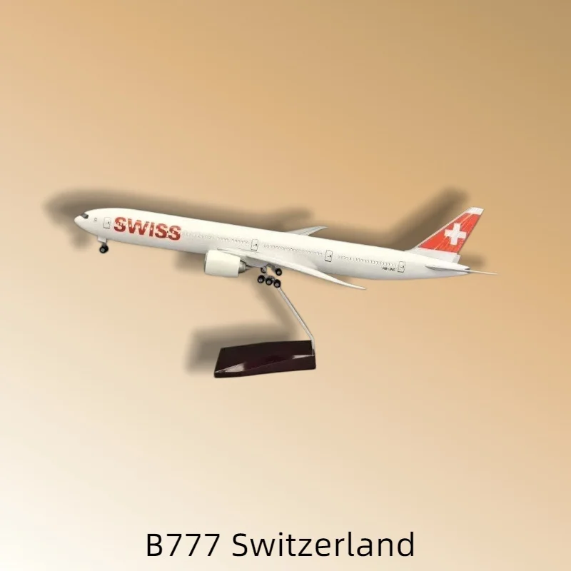 

47 cm Swiss Air B777 1:157 Scale Die-Cast Resin Boeing 777 Model with Wooden Stand and Landing Gear—A Collectible Display Gift