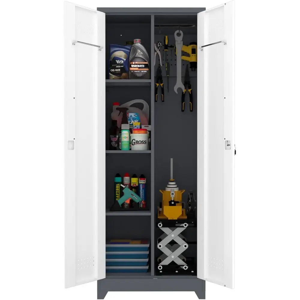 

65 Tall Broom Closet Storage Cabinet with Lock, Hanging Rod, and Shelves for Cleaning Tools, Suitable for Kitchen or Garage, Whi