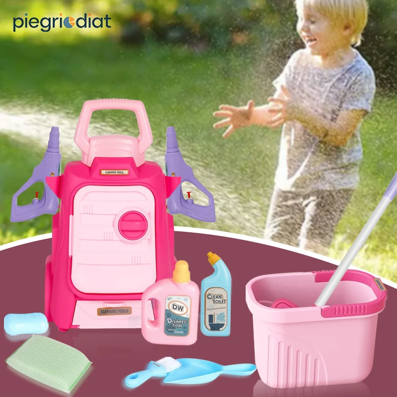 Kids Cleaning Set with Trolley - 11 PCS Pretend Play Housekeeping Kit, Kids Broom, Dustpan, Mop, Bucket, Sponge, Spray Guns Toy