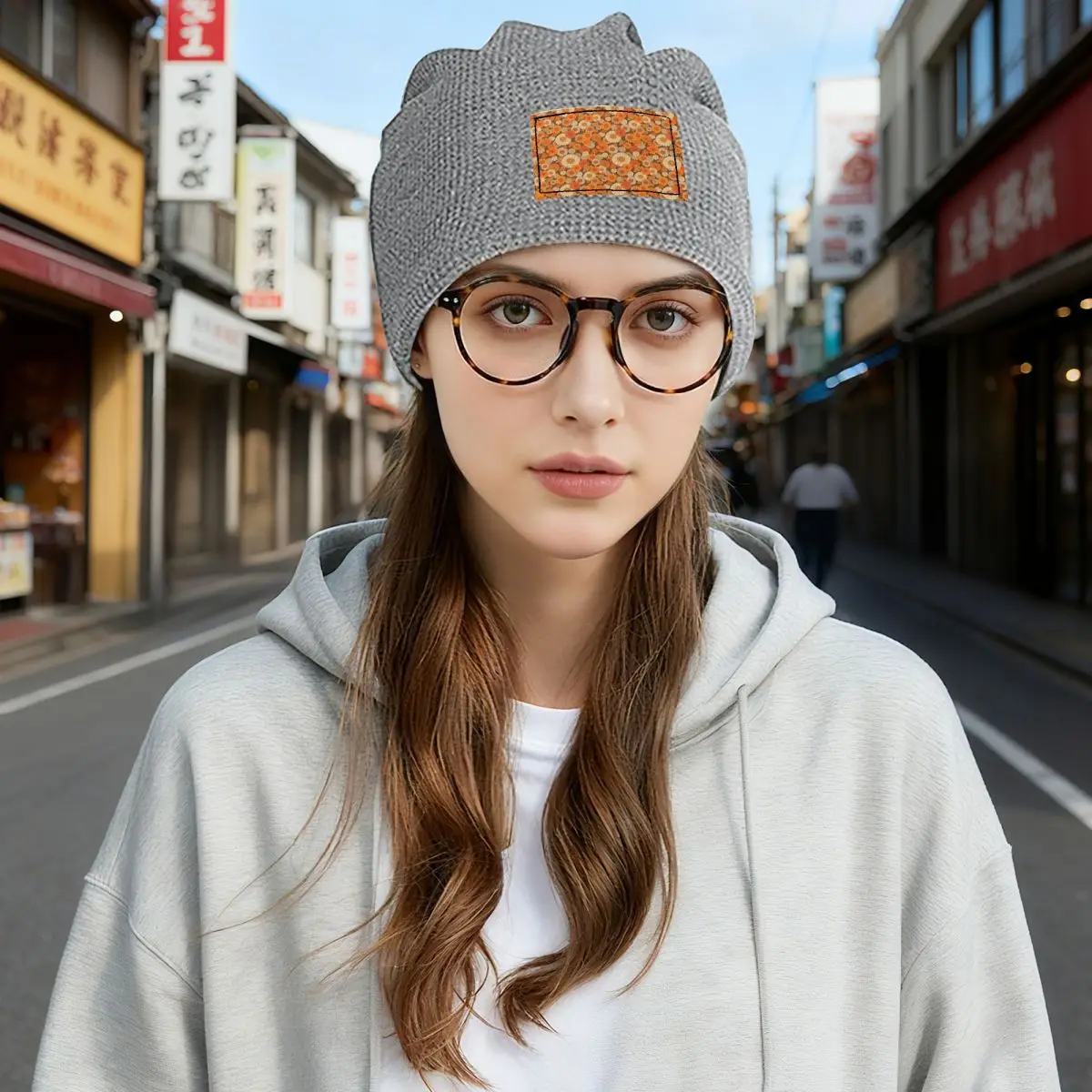 70s Retro Daisies Vintage Flower Power Orange And Brown Boho Waffle Fleece Lined Beanie with PU Leather Warm Winter Soft Cap