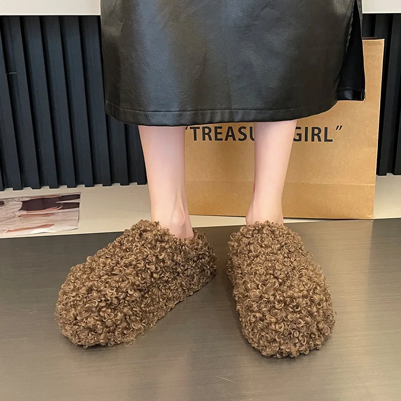 Fur Shoes Flock Winter Woman Slipper Pantofle Med Platform Cover Toe Slides Plush 2023 Rome Hoof Heels House Slippers Shoes