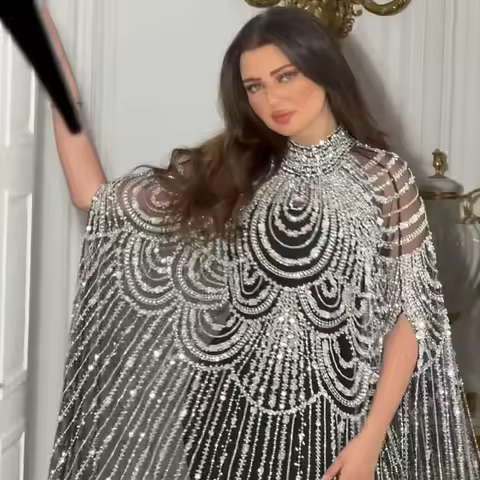 Wasisi Customized ELA72484A Silver Nude Beaded Mermaid Evening Dress with Cape Luxury Formal Gown