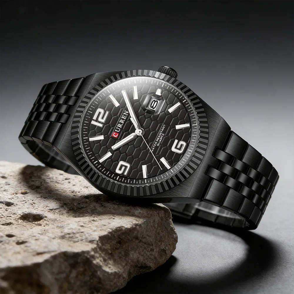 

CURREN Высококачественные оригинальные классические черные кварцевые часы со светящимися стрелками из нержавеющей стали с автоматической датой для мужчин