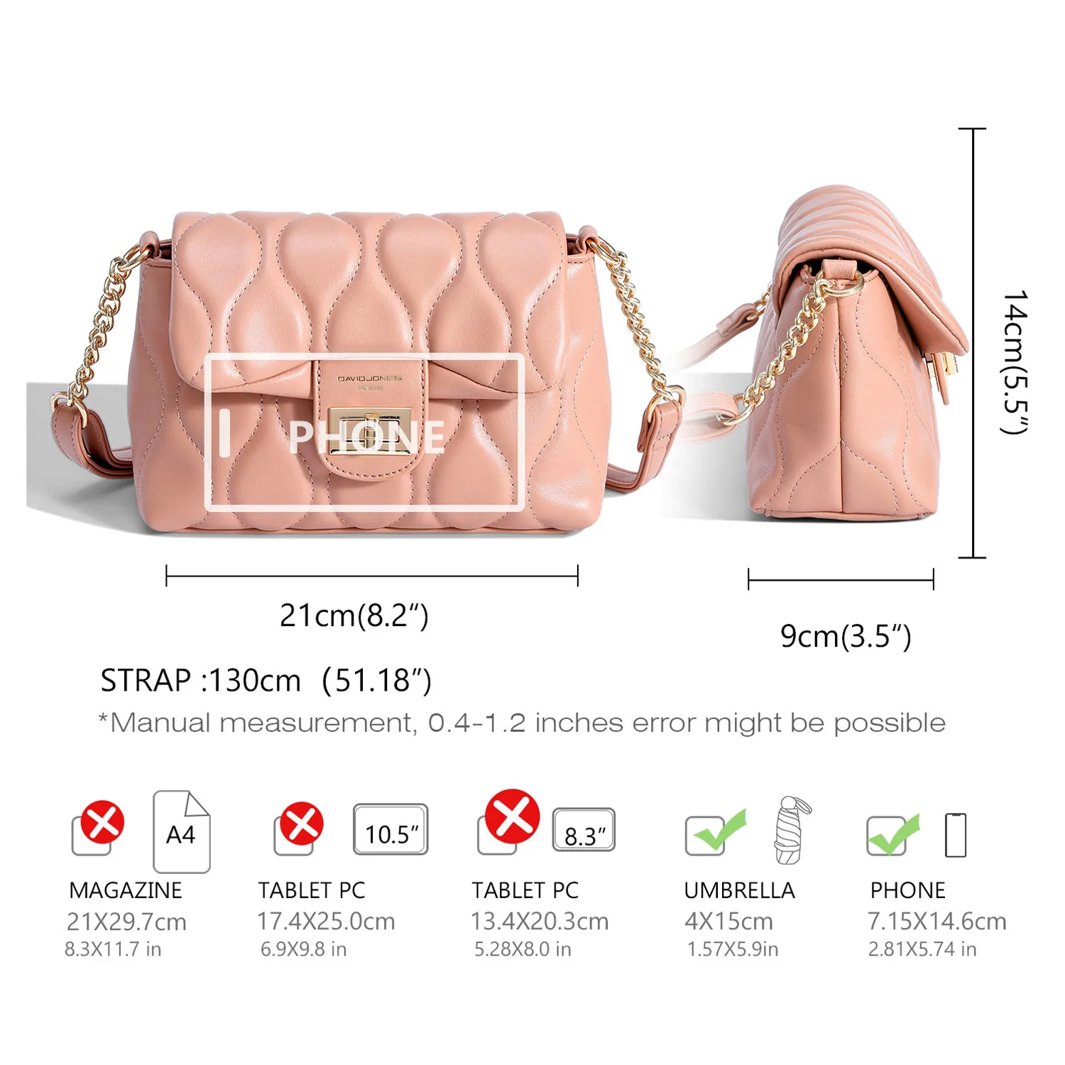 David Jones New Hundred Crossbody Ladies Cover Bag PU Leather Trend Small Square Bag Chain Shoulder Armpit Bag