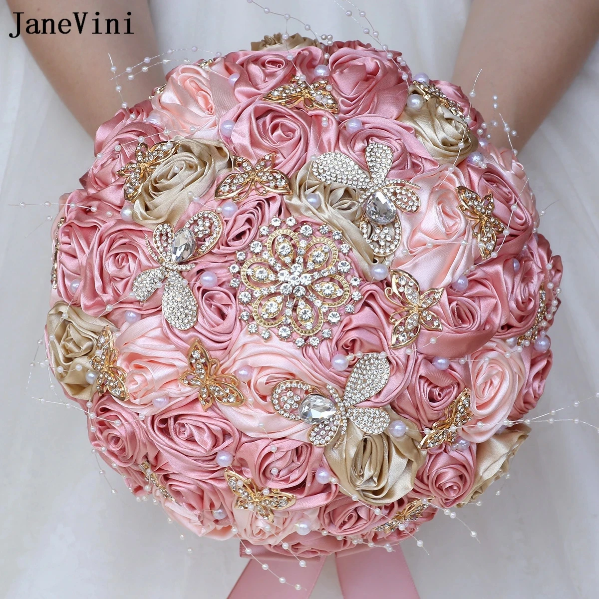 

JaneVini 2025 Luxury Rhinestone Crystal Wedding Bouquet Flower for Bride Satin Rose Bridal Bouquets Custom Color Bouque De Novia